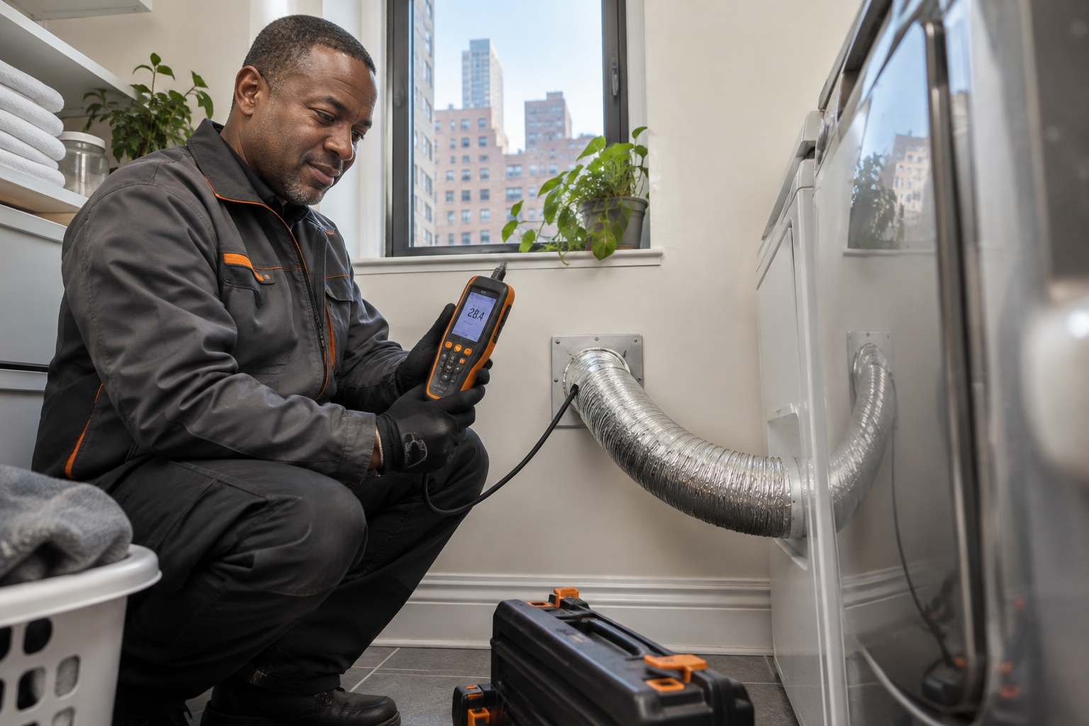 Professional dryer vent service scene illustrating Verifying Performance: How Airflow is Tested After Dryer Vent Cleaning