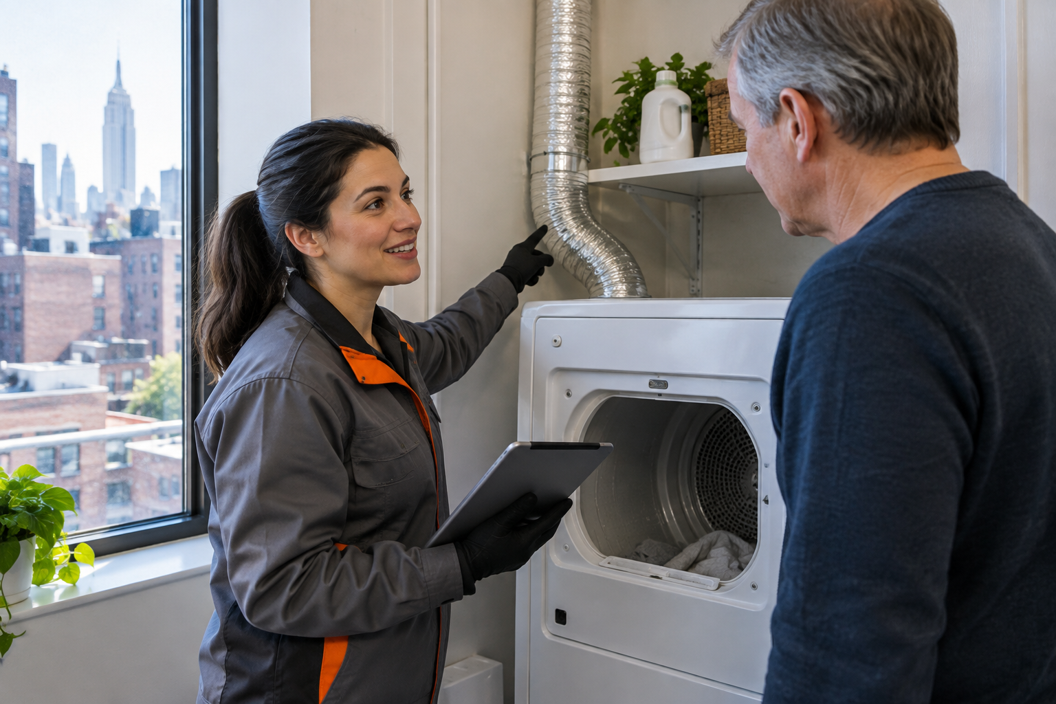 Professional dryer vent service scene illustrating The Best Time of Year to Clean Dryer Vents in New York City