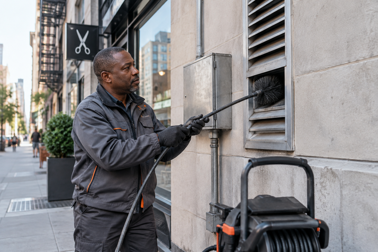 Professional dryer vent service scene illustrating Commercial Dryer Vent Cleaning for NYC Salons and Gyms