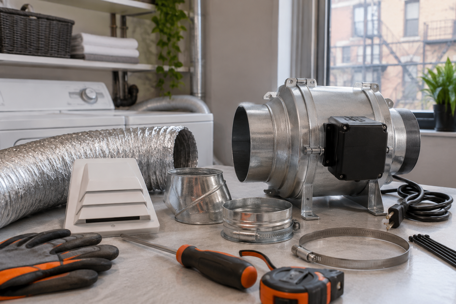 Professional dryer vent service scene illustrating When a Dryer Vent Booster Fan is Necessary for Long Duct Runs
