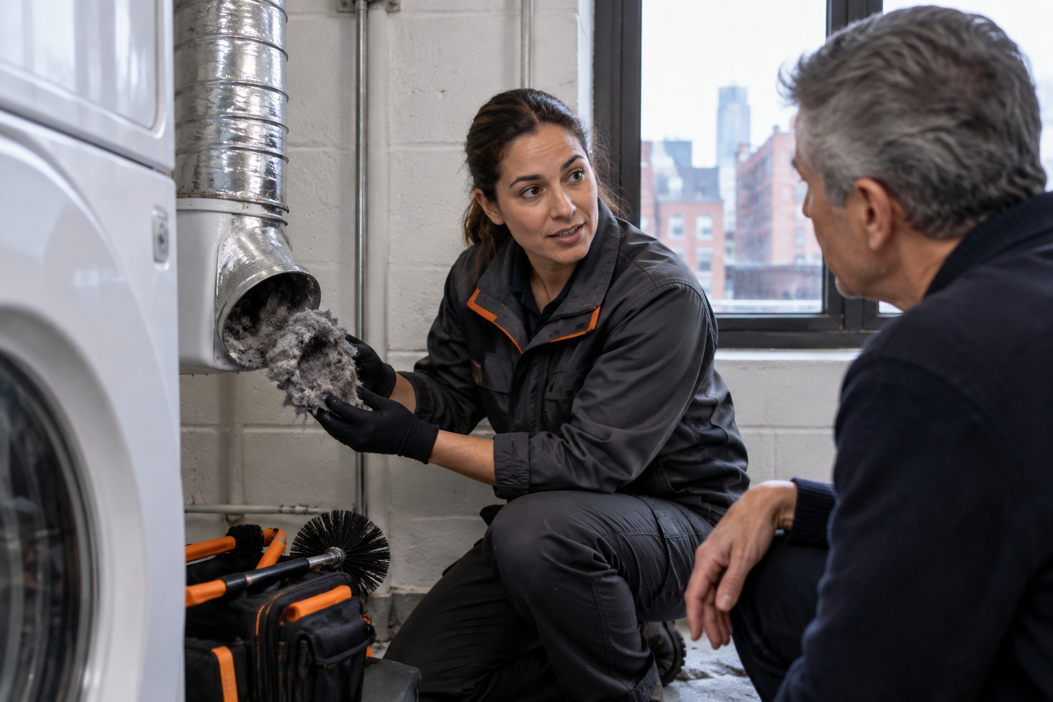 Professional dryer vent service scene illustrating Dryer Vent Cleaning for NYC Building Crews