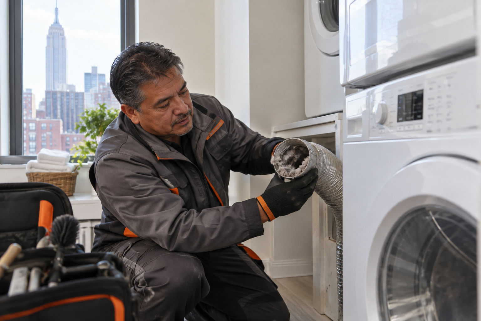 Professional dryer vent service scene illustrating Dryer Vent Cleaning for Renovated NYC Units
