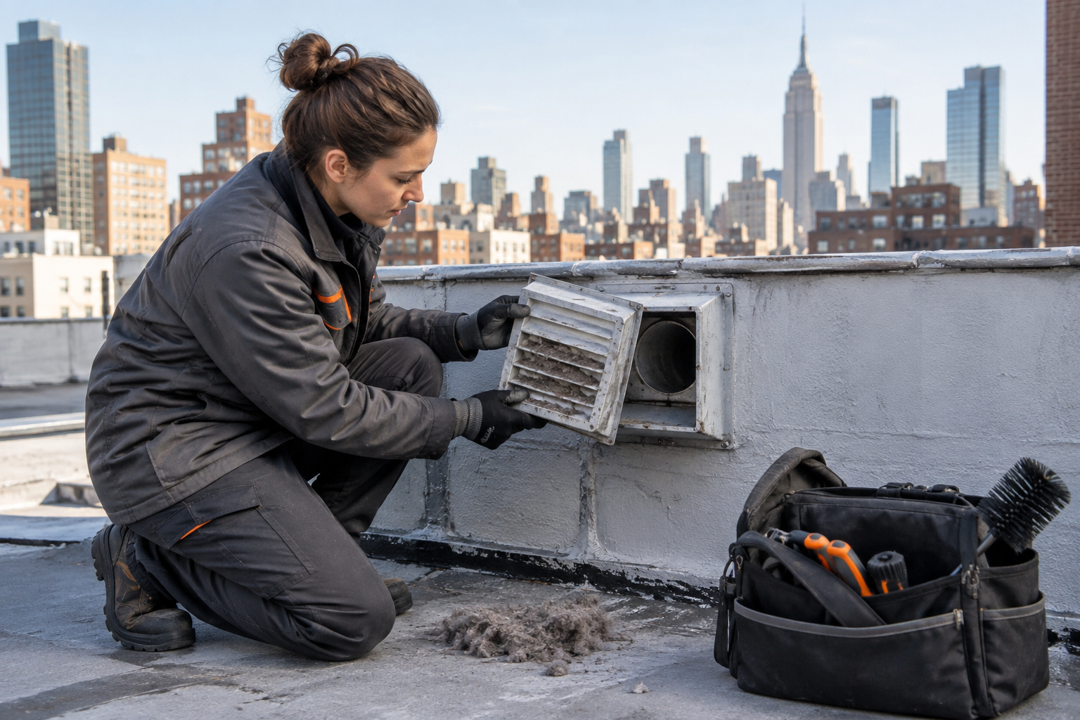 Professional dryer vent service scene illustrating Choosing and Maintaining Dryer Vent Covers and Screens in NYC