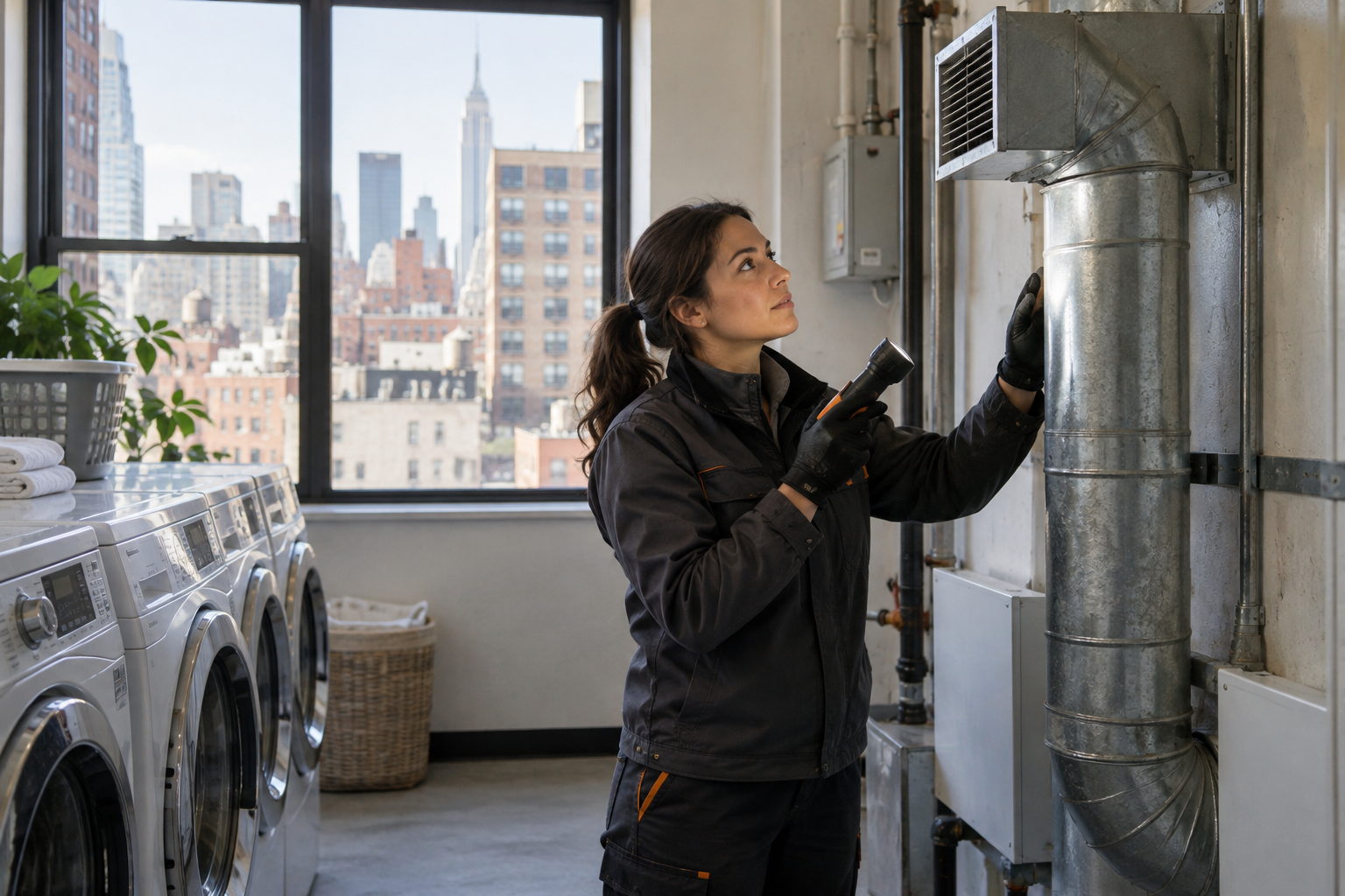 Professional dryer vent service scene illustrating Gas Dryer Venting and Carbon Monoxide Safety in NYC Buildings
