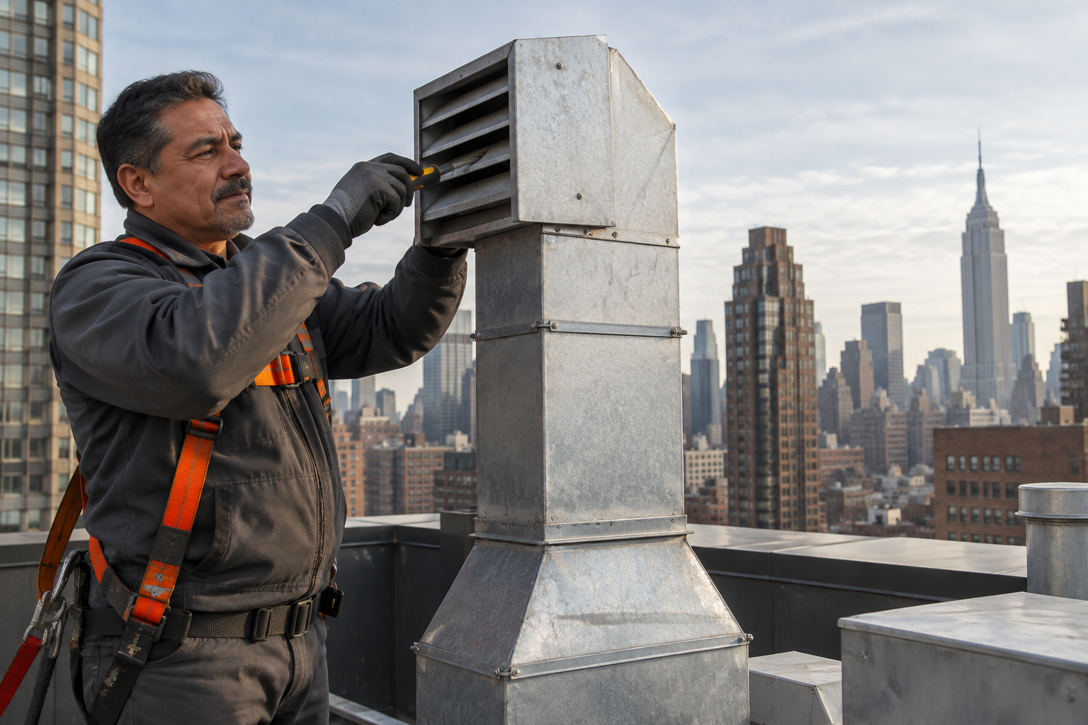 Professional dryer vent service scene illustrating High-Rise Dryer Venting Challenges and Maintenance for NYC Towers