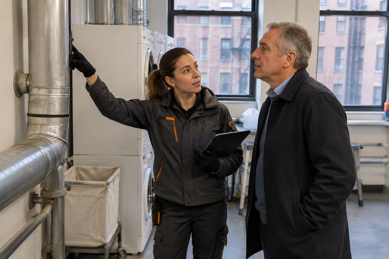 Professional dryer vent service scene illustrating Landlord Responsibilities for Dryer Vents in New York