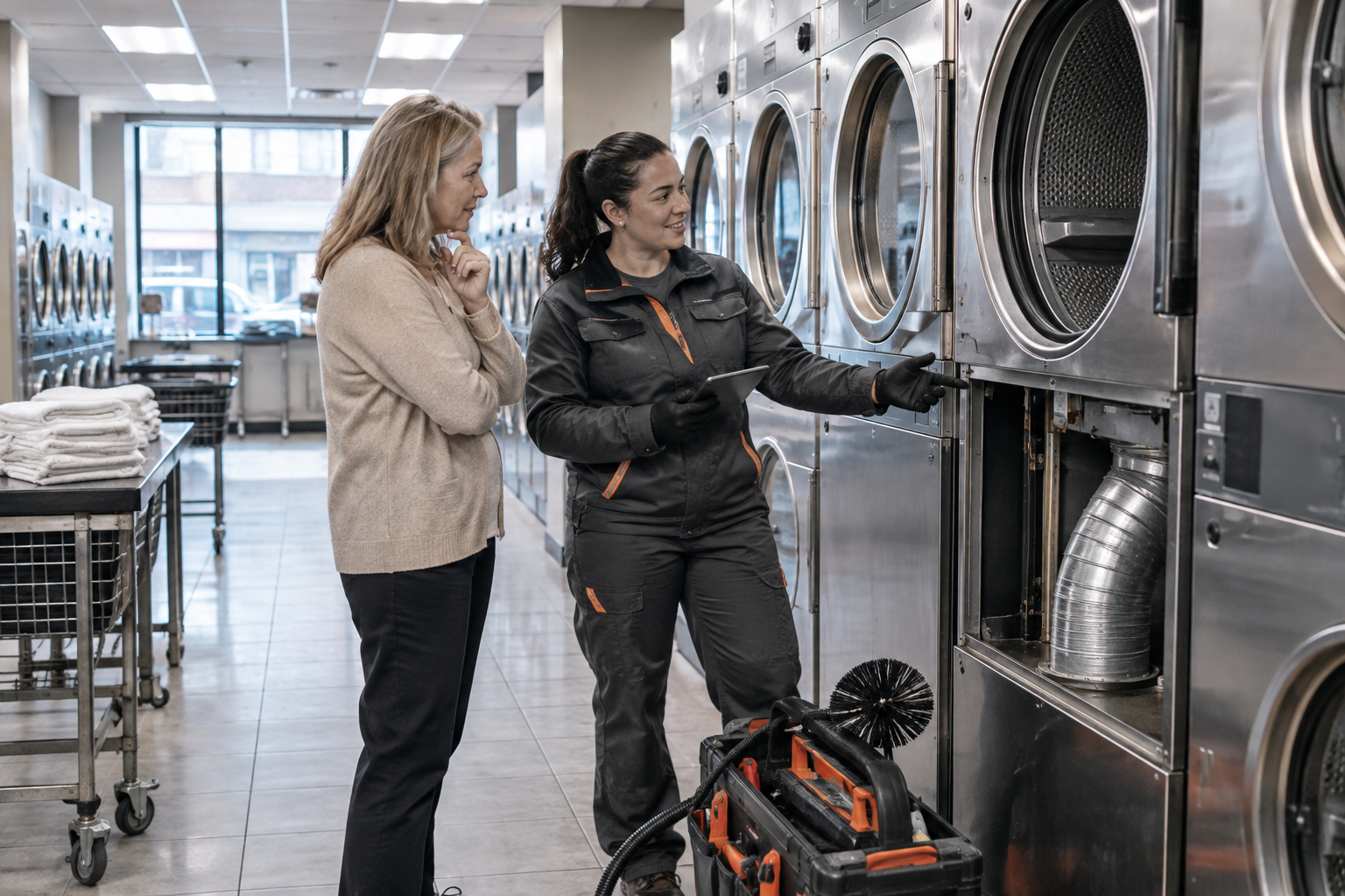 Professional dryer vent service scene illustrating Establishing a Professional Laundromat Dryer Vent Maintenance Schedule