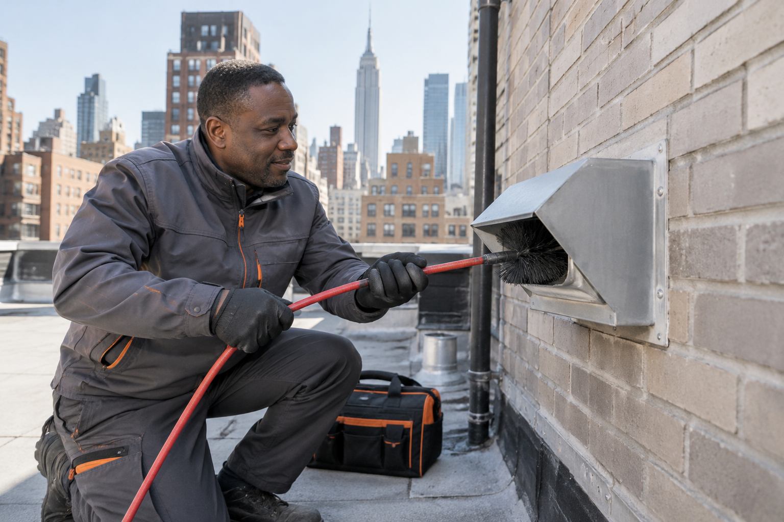 Professional dryer vent service scene illustrating Managing Compact Stackable Dryer Vents in NYC