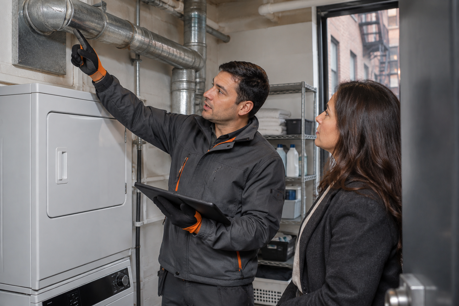 Professional dryer vent service scene illustrating Multi-Family Dryer Vent Maintenance for NYC Property Managers