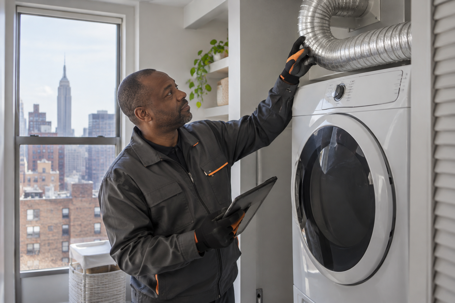 Professional dryer vent service scene illustrating Dryer Vent Planning for New NYC Laundry Rooms