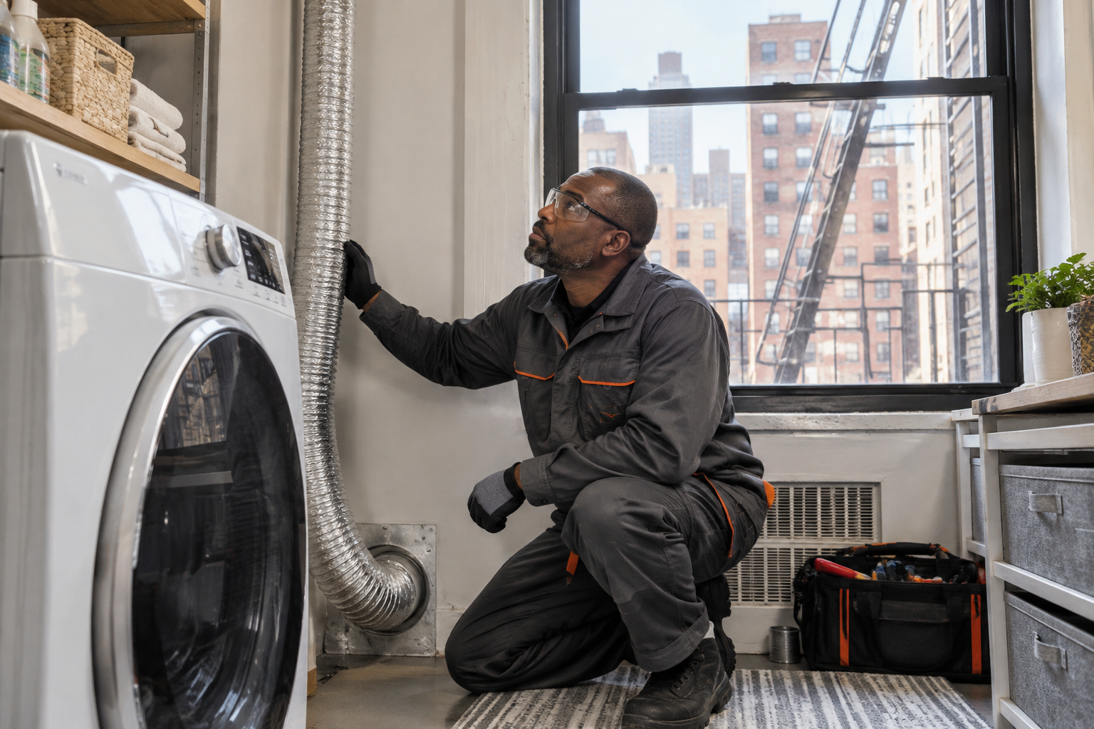 Professional dryer vent service scene illustrating Rerouting Badly Designed Dryer Vents