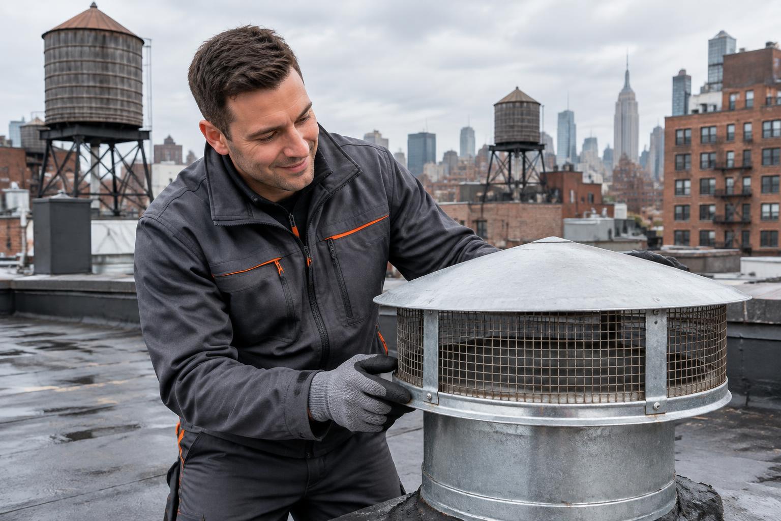 Technician inspecting a screened metal dryer vent cap on a NYC rooftop, illustrating roof dryer vents in NYC buildings
