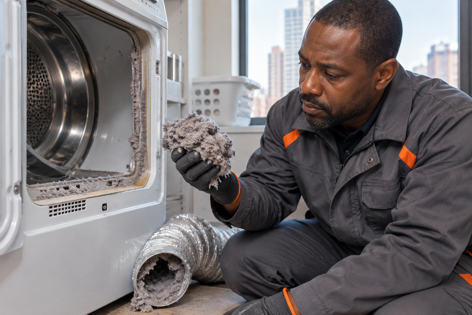 Professional dryer vent service scene illustrating Warning Signs of a Clogged Dryer Vent in NYC Properties