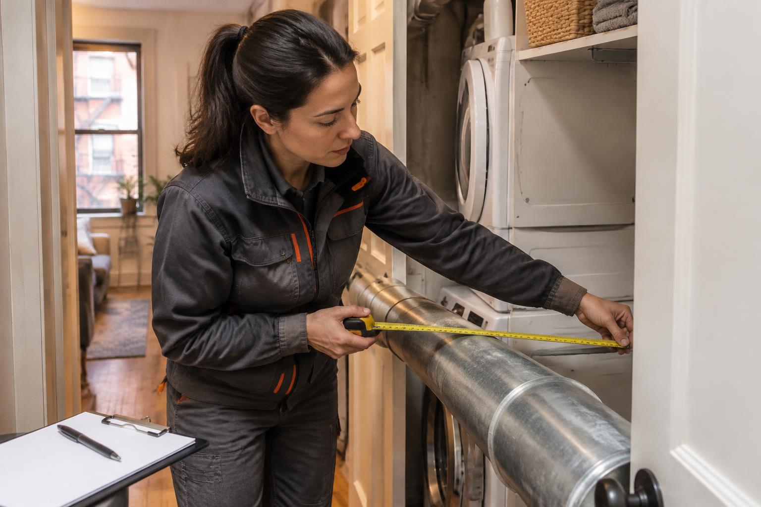 Technician measuring a rigid metal dryer duct beside a stacked washer-dryer, illustrating what affects dryer vent cleaning cost in NYC