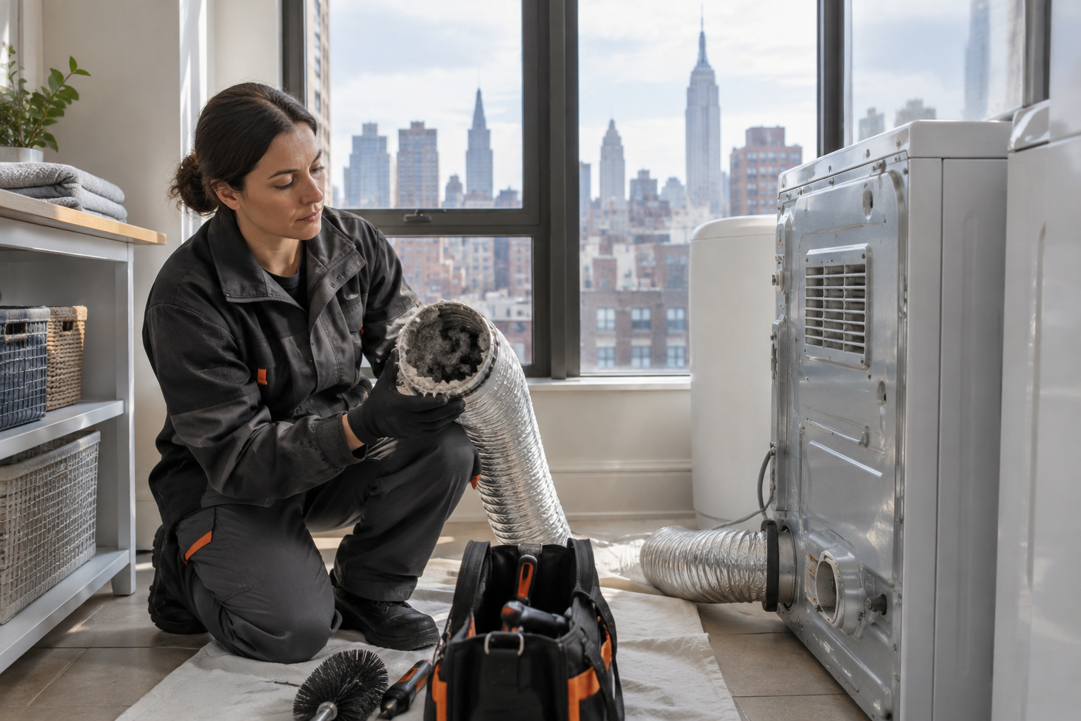 Professional dryer vent service scene illustrating Why a Dryer Smells Burnt or Musty
